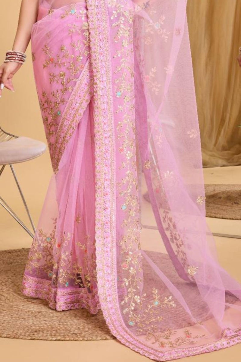 SGF11 Women's Soft Net Embroidery Work Saree With Unstitched Blouse Piece (Light Pink) - Image 4