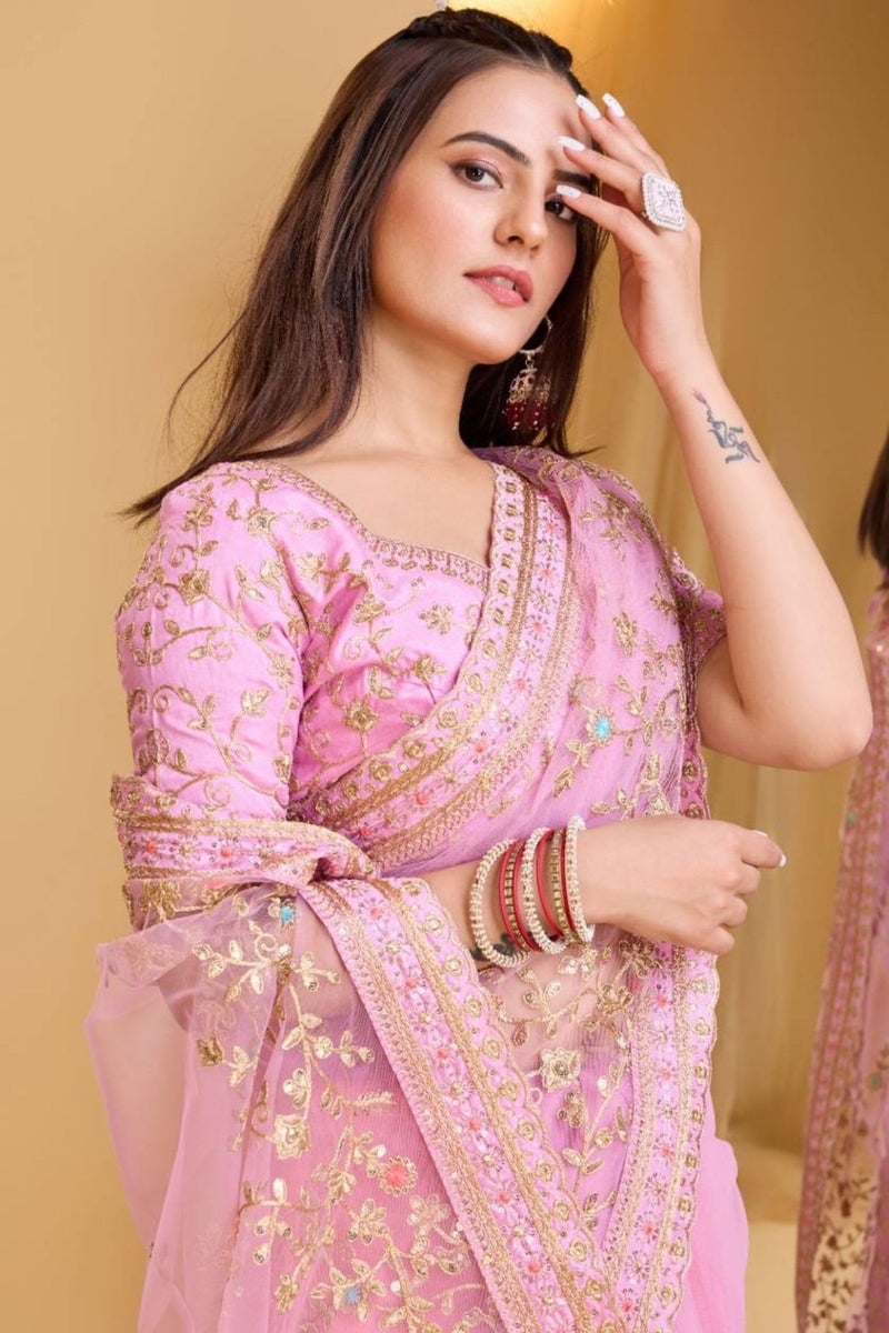 SGF11 Women's Soft Net Embroidery Work Saree With Unstitched Blouse Piece (Light Pink) - Image 3