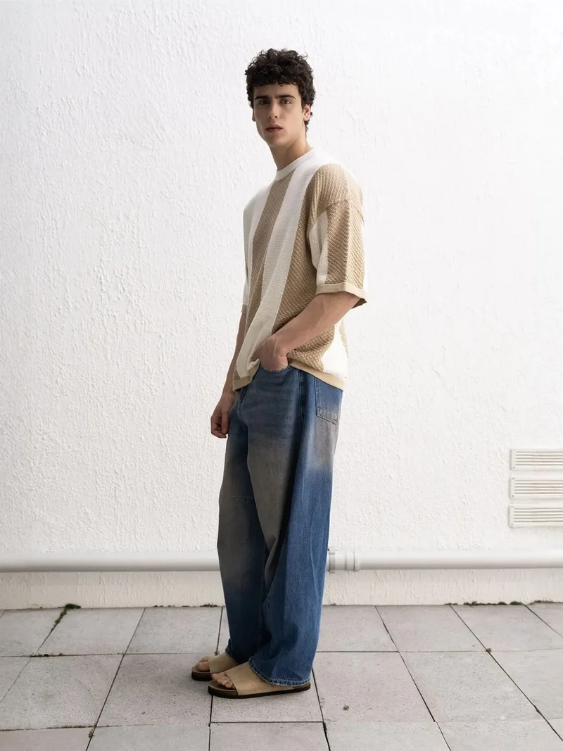 Giesto Beige Natural GIESTO Striped Knitwear Crew Neck T-Shirt for Men | Best Price UAE