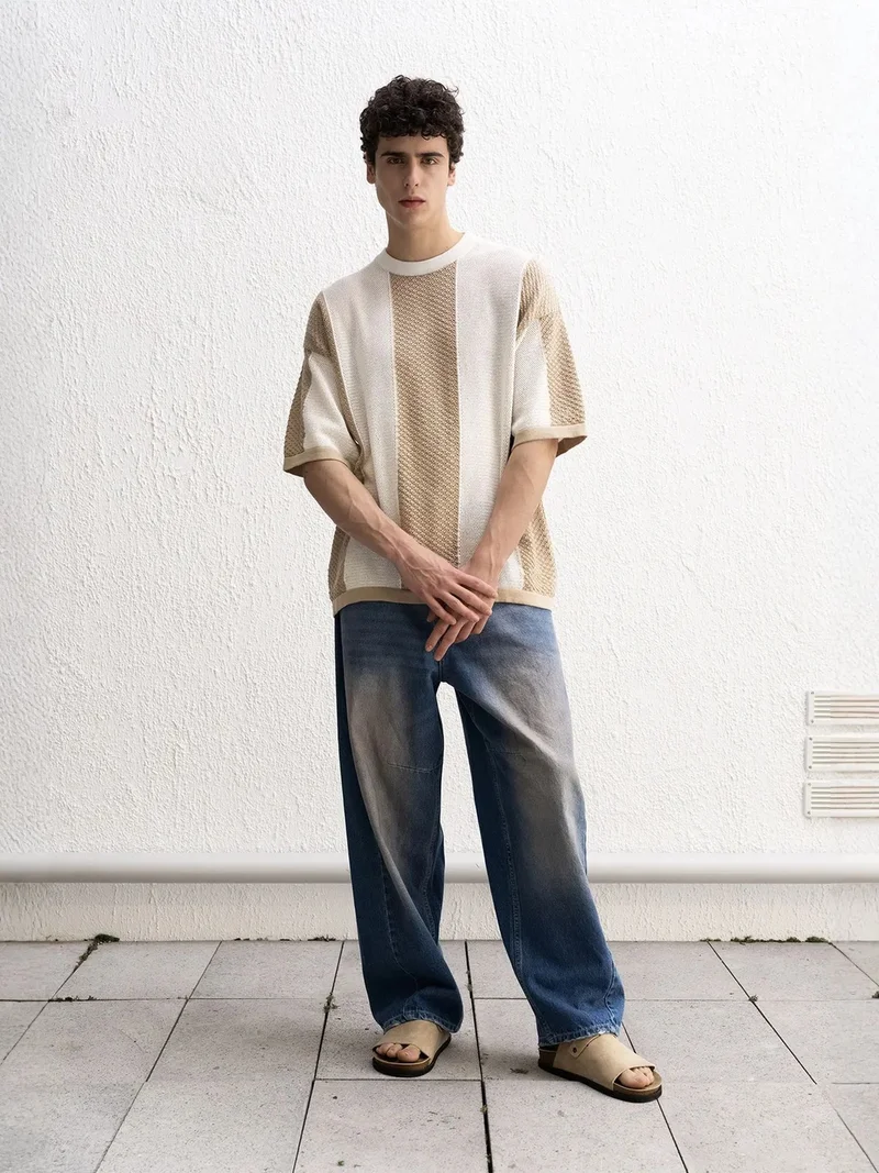 Giesto Beige Natural GIESTO Striped Knitwear Crew Neck T-Shirt for Men | Best Price UAE