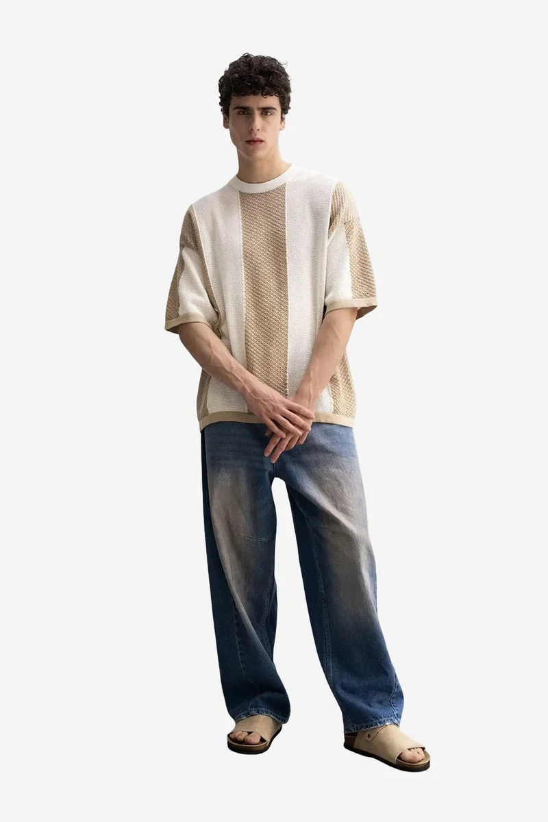 Giesto Beige Natural GIESTO Striped Knitwear Crew Neck T-Shirt for Men | Best Price UAE