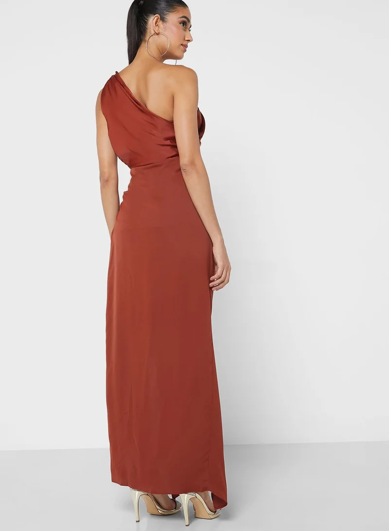 boohoo One Shoulder Tie Detail Side Split Dress