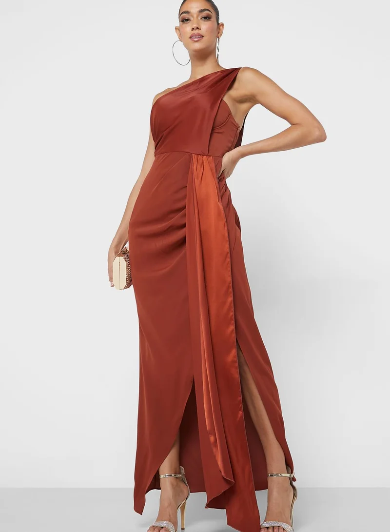 boohoo One Shoulder Tie Detail Side Split Dress