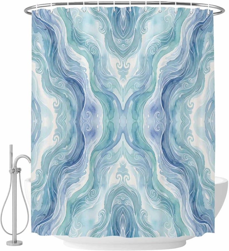 Abstract Water Waves Shower Curtain with 12 Hooks Watercolor Blue Green Wave Gradient Waterproof Fabric Shower Curtains Sets for Bathroom Bath Decorations, Machine Washable, 48"x72" - Image 2