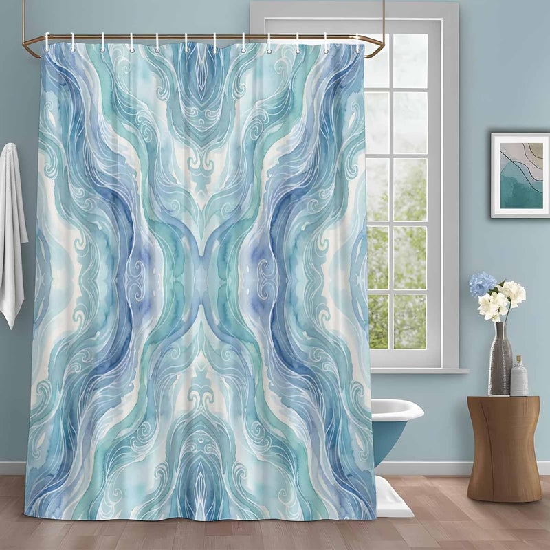 Abstract Water Waves Shower Curtain with 12 Hooks Watercolor Blue Green Wave Gradient Waterproof Fabric Shower Curtains Sets for Bathroom Bath Decorations, Machine Washable, 48"x72" - Image 1