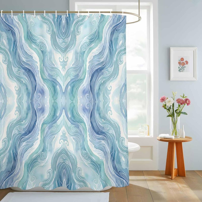 Abstract Water Waves Shower Curtain with 12 Hooks Watercolor Blue Green Wave Gradient Waterproof Fabric Shower Curtains Sets for Bathroom Bath Decorations, Machine Washable, 48"x72" - Image 3