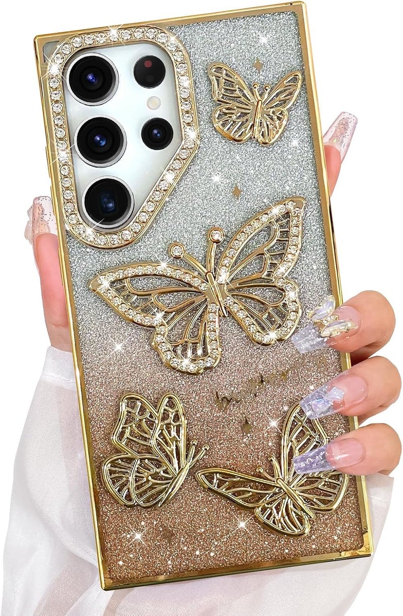 Elzzi Electroplated Butterfly Phone Cover for Samsung S24 Ultra Case, Showcasing Pearlescent Diamond Soft TPU, Camera Protection, Shockproof, Dropresistant Stylish for Girls & Women (Gold) - Image 1