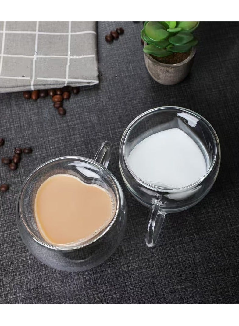 2 Pack Heart Shaped Double Walled Insulated Glass Coffee Mugs or Aesthetic Tea Cups, Double Wall Glass 250ml, Clear  - Image 1