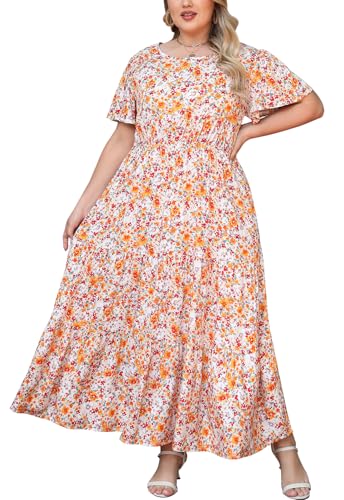 Nemidor Plus Size Maxi Dresses for Curvy Women Summer Casual Boho Ditsy Floral Print Layered Flared Long Dress with Pocket(304,18,White Yellow) - Image 1