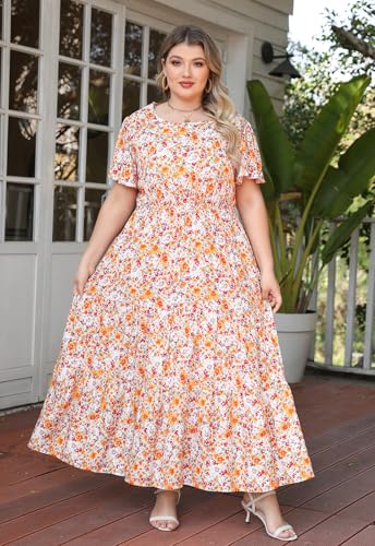 Nemidor Plus Size Maxi Dresses for Curvy Women Summer Casual Boho Ditsy Floral Print Layered Flared Long Dress with Pocket(304,18,White Yellow) - Image 4