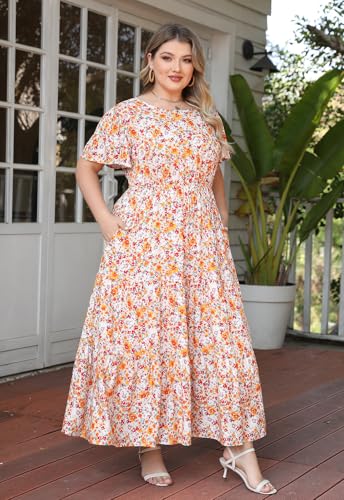 Nemidor Plus Size Maxi Dresses for Curvy Women Summer Casual Boho Ditsy Floral Print Layered Flared Long Dress with Pocket(304,18,White Yellow) - Image 5