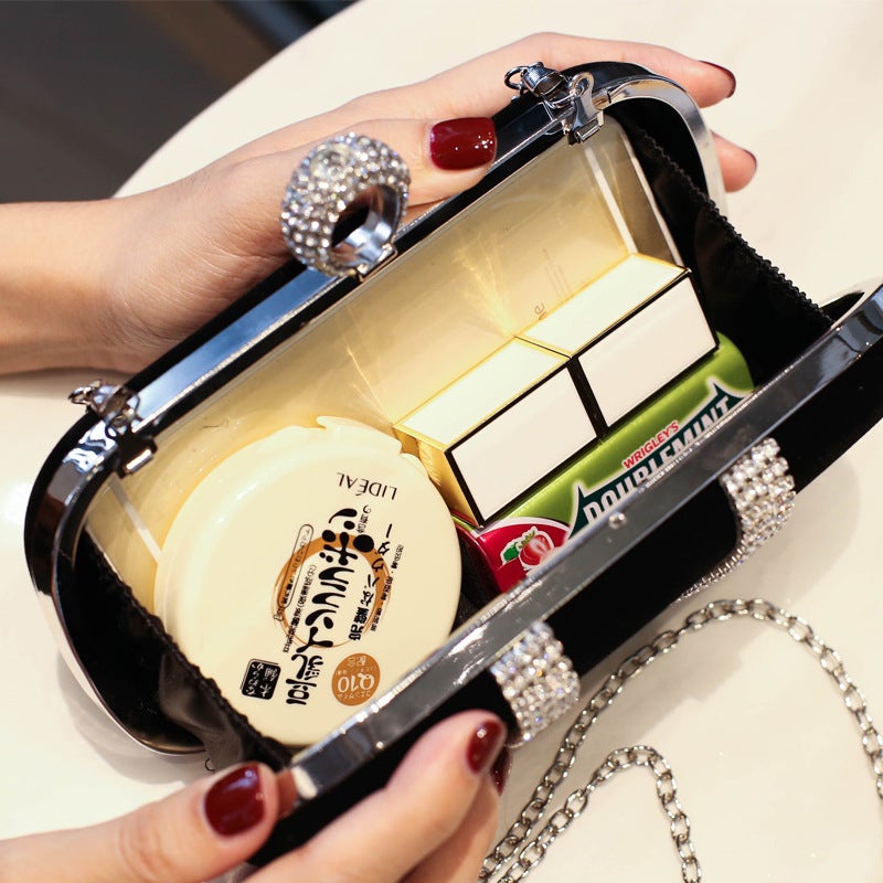 Black Velvet Rhinestone Evening Clutch with Lock Clasp and Phone Pocket - Image 5