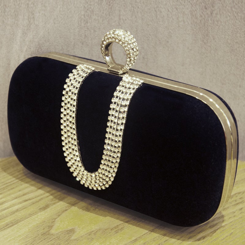 Black Velvet Rhinestone Evening Clutch with Lock Clasp and Phone Pocket - Image 1