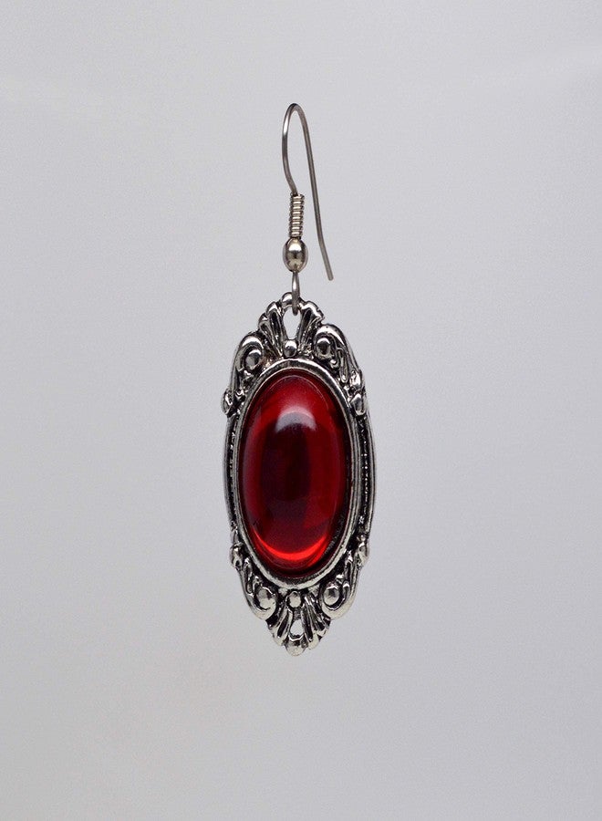Real Metal Gothic Blood Red Cabochon Dangle Earrings In Silver Finish Pewter Frame - Image 5
