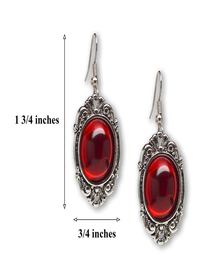 Real Metal Gothic Blood Red Cabochon Dangle Earrings In Silver Finish Pewter Frame - Image 3
