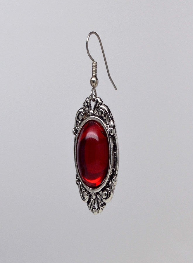 Real Metal Gothic Blood Red Cabochon Dangle Earrings In Silver Finish Pewter Frame - Image 4