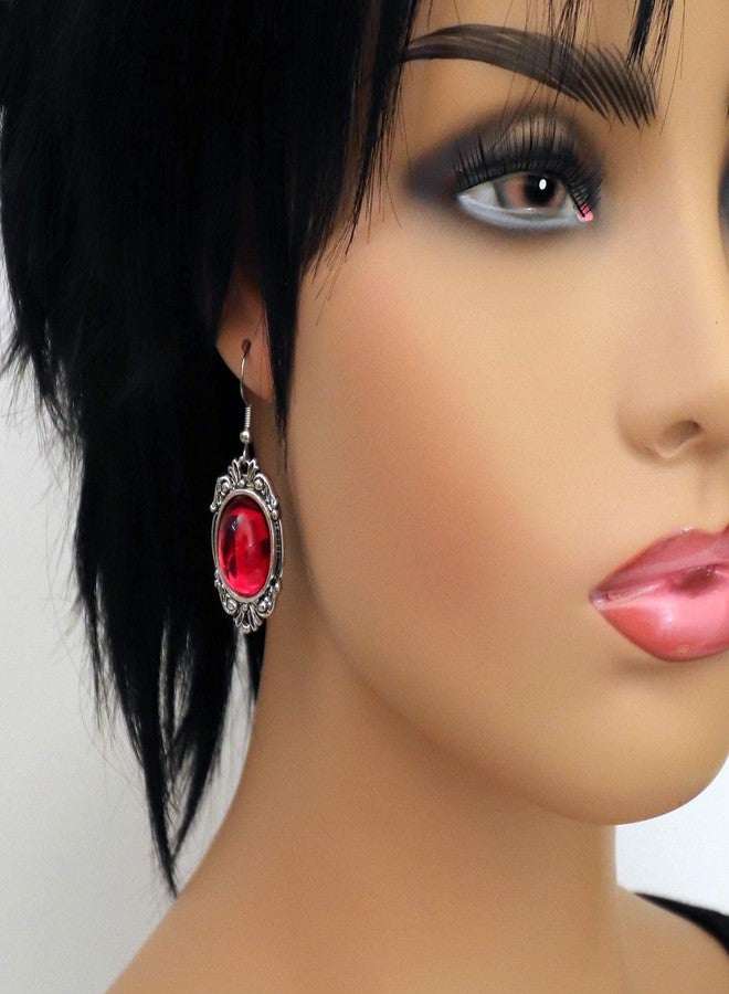 Real Metal Gothic Blood Red Cabochon Dangle Earrings In Silver Finish Pewter Frame - Image 2