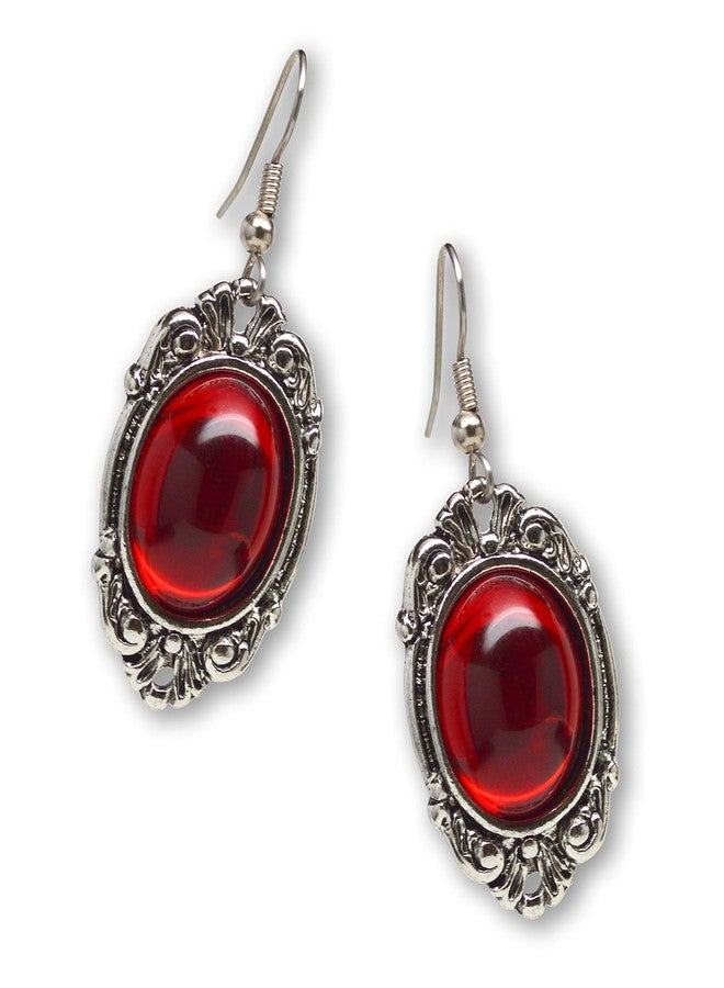 Real Metal Gothic Blood Red Cabochon Dangle Earrings In Silver Finish Pewter Frame - Image 1