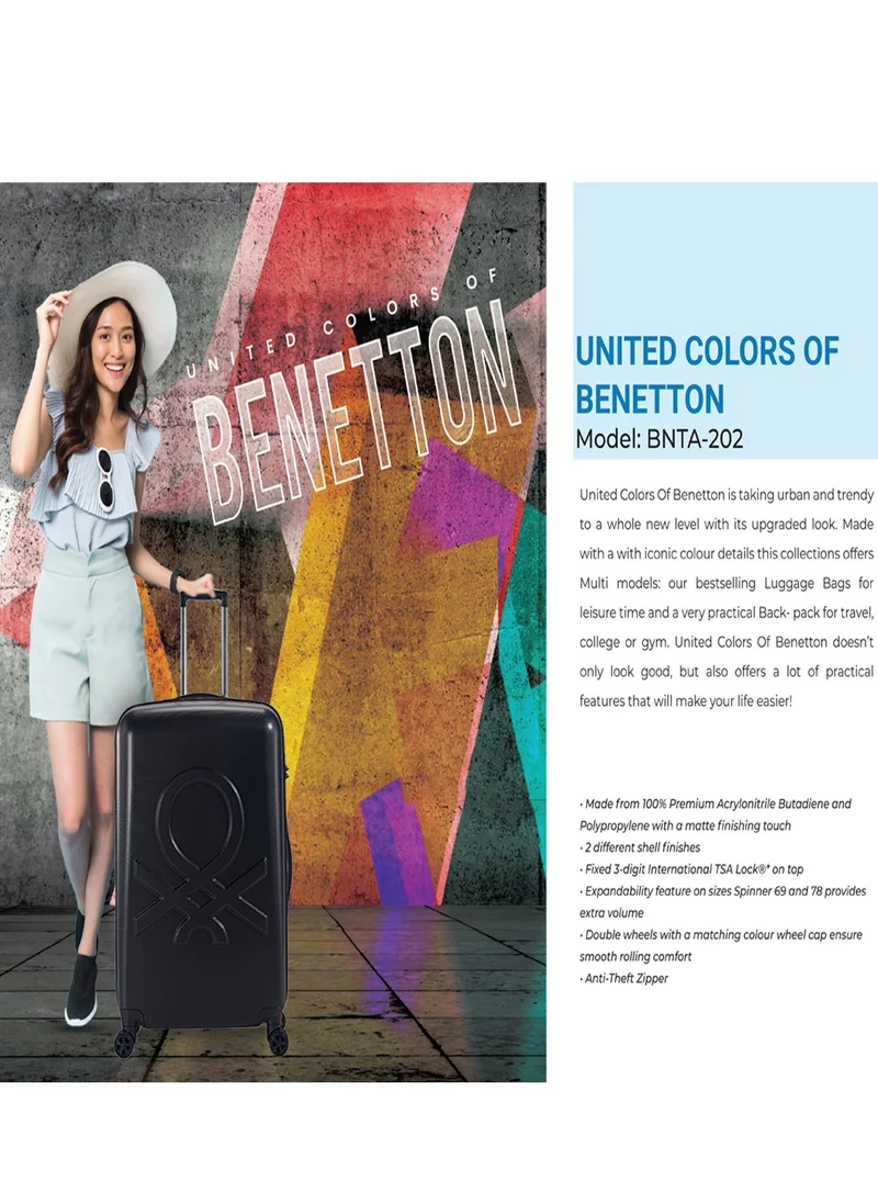 UNITED COLORS OF BENETTON BNTA-202 Premium Quality Set of 3 Luggage with TSA Lock| Material- Acrylonitrile Butadiene Styrene| Adjustable Trolley Handle | Smooth Dual Wheels 360degree rotate| Cabin, Medium, Large| Black