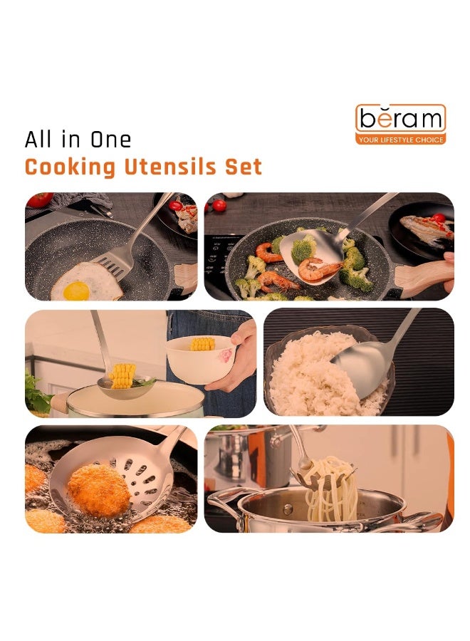 BERAM Cooking Utensils Set S-Shaped 304 Stainless Steel Silverware Cookware Set Includes Spatula Skimmer Soup Ladle Turner Pasta Server Rice Scoop with Multipurpose Stand - Image 4