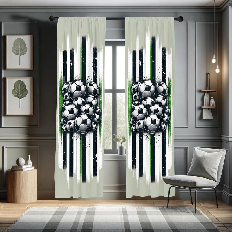 Ambesonne Soccer Window Curtains  Contemporary Design of Sports Ball Huddle with Grungy Stripes Print  Lightweight Decor 2-Panel Set with Rod Pocket  Pair of - 28"" x 95""  Dark Grey Green Off White - Image 1