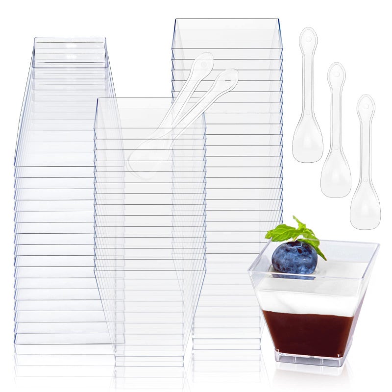 Oomcu 50 Pack 7oz Square Clear Plastic Dessert Cups & Spoons â€“ Disposable Mini Parfait Cups for Yogurt, Ice Cream, Jello, Candy, Salad, Appetizers, Mousse,Snack, Charcuterie, Pudding, Party Serving - Image 1