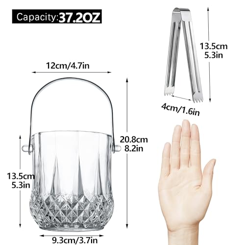 ZEERSHEE Glass Ice Bucket with Handle and Ice Tong Holds 37oz of Ice Clear Crystal Ice Buckets for Cocktail Bar Wine Home Bar Accessories Parties Clear Champagne Bucket - Image 3
