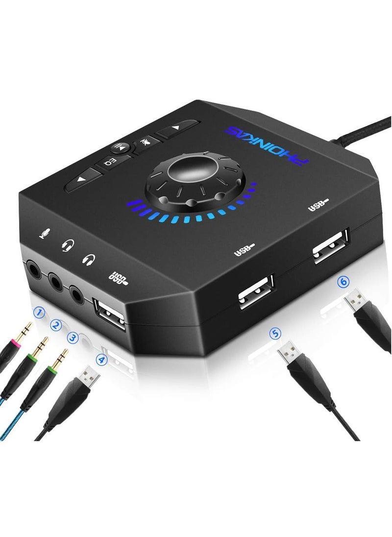 PHOINIKAS - T10 External Sound Card,  USB Audio Adapter for PC Windows, Mac, Linux, Laptops, Desktops, Stereo Sound Card with 3.5mm Interface & USB Interface, Volume Control, Plug & Play (6-in-1, Black) - Image 1