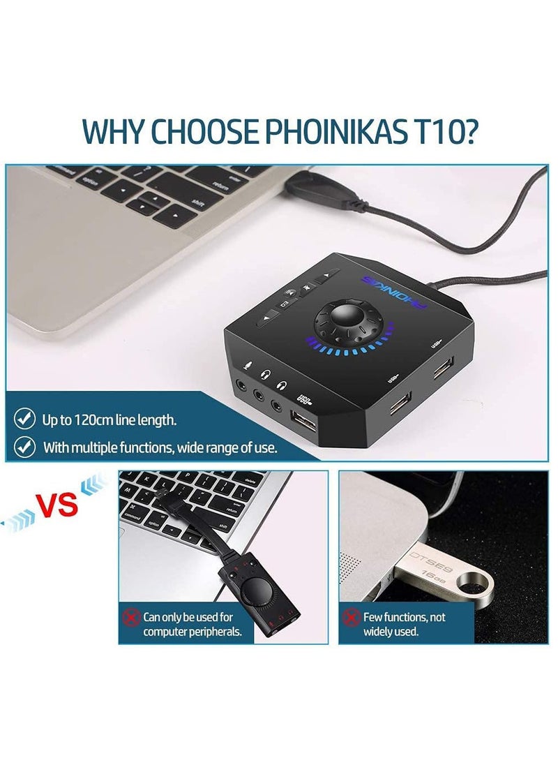 PHOINIKAS - T10 External Sound Card,  USB Audio Adapter for PC Windows, Mac, Linux, Laptops, Desktops, Stereo Sound Card with 3.5mm Interface & USB Interface, Volume Control, Plug & Play (6-in-1, Black) - Image 1