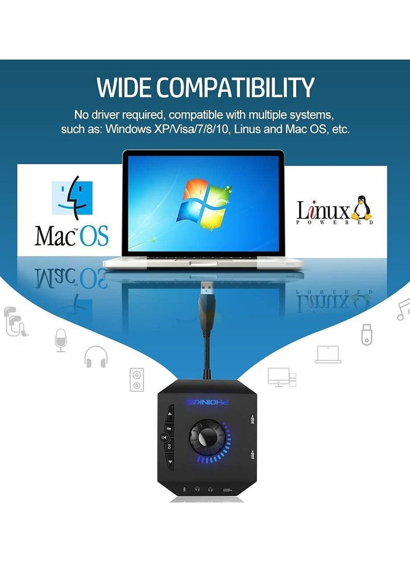 PHOINIKAS - T10 External Sound Card,  USB Audio Adapter for PC Windows, Mac, Linux, Laptops, Desktops, Stereo Sound Card with 3.5mm Interface & USB Interface, Volume Control, Plug & Play (6-in-1, Black) - Image 1