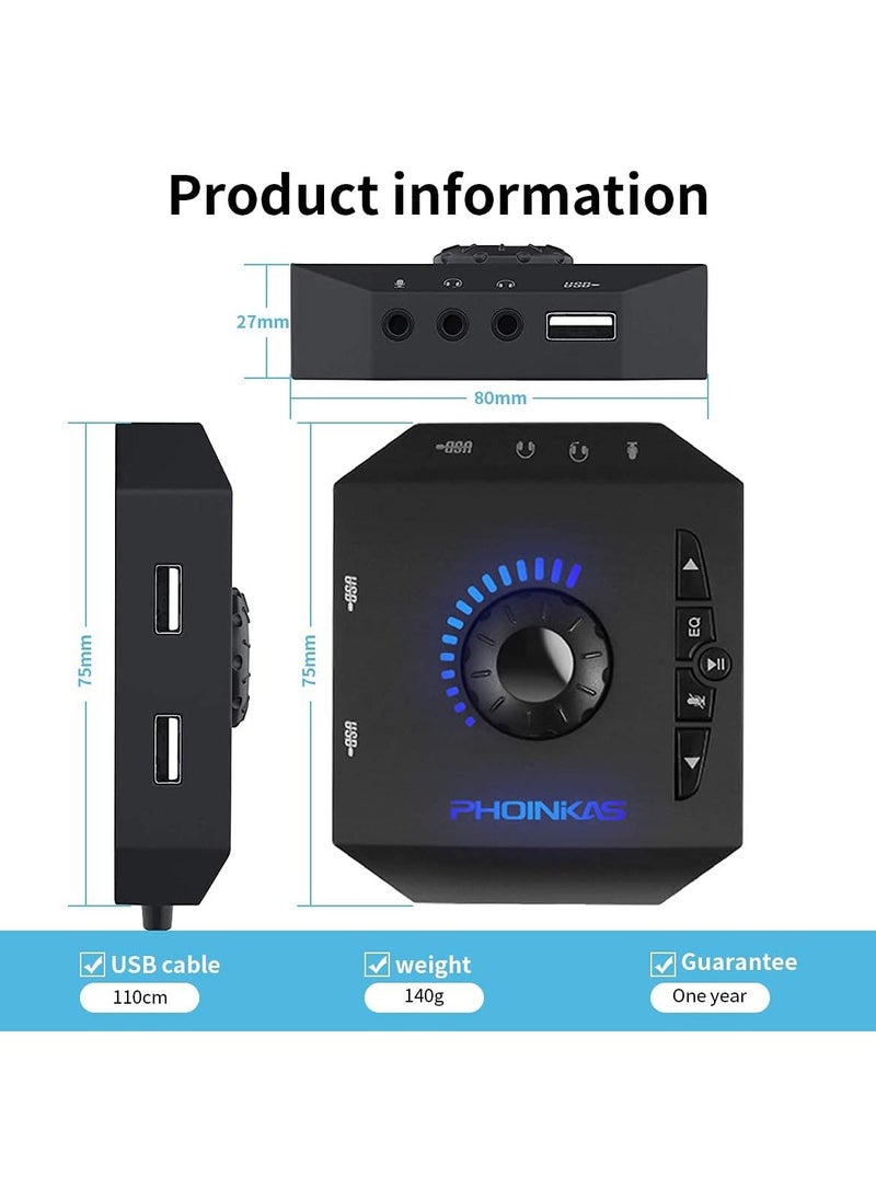 PHOINIKAS - T10 External Sound Card,  USB Audio Adapter for PC Windows, Mac, Linux, Laptops, Desktops, Stereo Sound Card with 3.5mm Interface & USB Interface, Volume Control, Plug & Play (6-in-1, Black) - Image 1