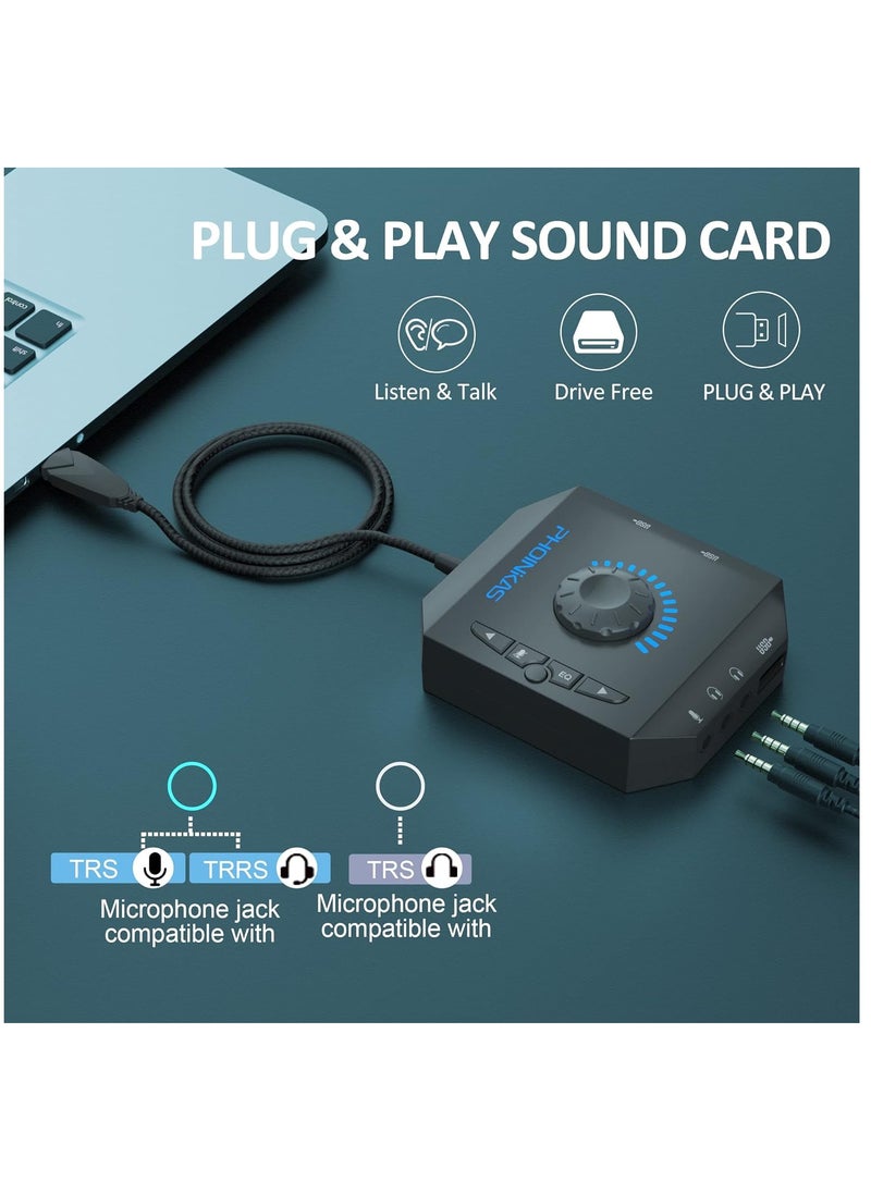 PHOINIKAS - T10 External Sound Card,  USB Audio Adapter for PC Windows, Mac, Linux, Laptops, Desktops, Stereo Sound Card with 3.5mm Interface & USB Interface, Volume Control, Plug & Play (6-in-1, Black) - Image 1