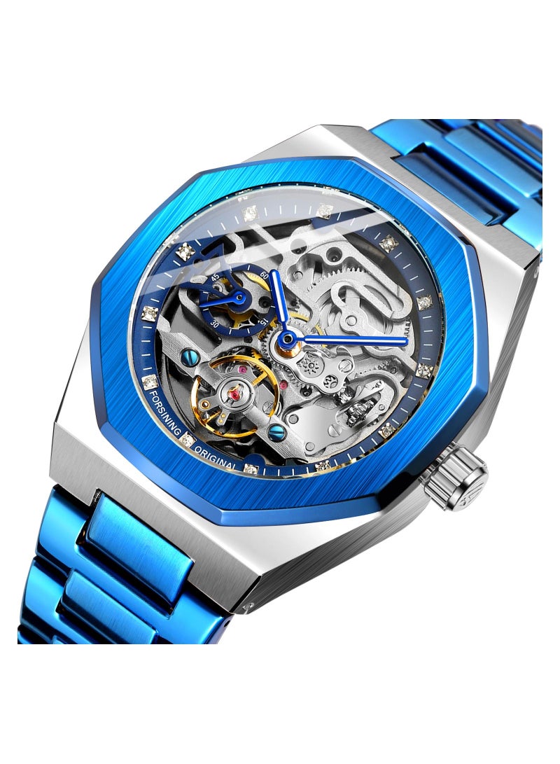 FORSINING Automatic skeleton watch, Stainless steel and waterproof watch in blue and silver colour - Image 1