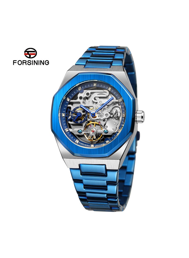 FORSINING Automatic skeleton watch, Stainless steel and waterproof watch in blue and silver colour - Image 2
