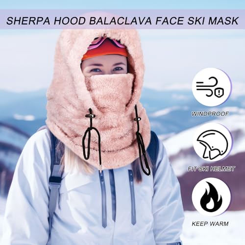Velmitten 3 Pcs Over Helmet Balaclava Ski Mask Men Women Balaclava Windproof Fuzzy Face Mask Neck Warmer Scarf Helmet Hood(Wool,Beige, Pink, Purple) - Image 5