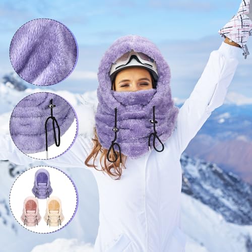 Velmitten 3 Pcs Over Helmet Balaclava Ski Mask Men Women Balaclava Windproof Fuzzy Face Mask Neck Warmer Scarf Helmet Hood(Wool,Beige, Pink, Purple) - Image 3