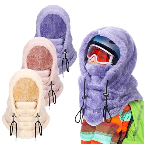 Velmitten 3 Pcs Over Helmet Balaclava Ski Mask Men Women Balaclava Windproof Fuzzy Face Mask Neck Warmer Scarf Helmet Hood(Wool,Beige, Pink, Purple) - Image 1