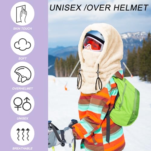 Velmitten 3 Pcs Over Helmet Balaclava Ski Mask Men Women Balaclava Windproof Fuzzy Face Mask Neck Warmer Scarf Helmet Hood(Wool,Beige, Pink, Purple) - Image 4