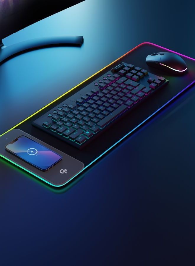 porodo RGB Gaming Mouse Pad (XL) With 15W Fast Wireless Charger, 1.8M USB-C Braided Cable, Water Resistant Material, USB Plug & Play Touch Control, Anti Slip Base, 9 Modes RGB - Black - Image 3