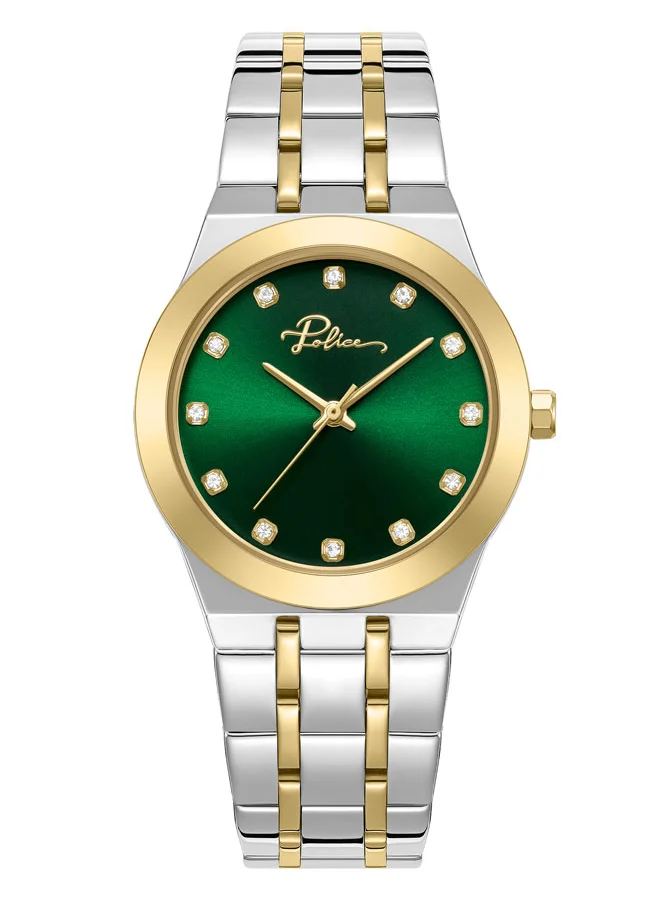 POLICE Allure Women's 32mm Two-Tone Watch with Green Sunray Enamel Dial, 12 Dazzling Stones & Signature at 12 o’clock