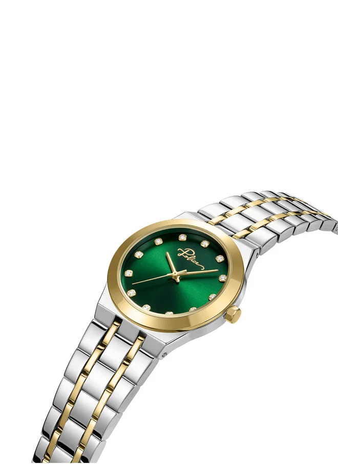 بوليس Allure Women's 32mm Two-Tone Watch with Green Sunray Enamel Dial, 12 Dazzling Stones & Signature at 12 o’clock