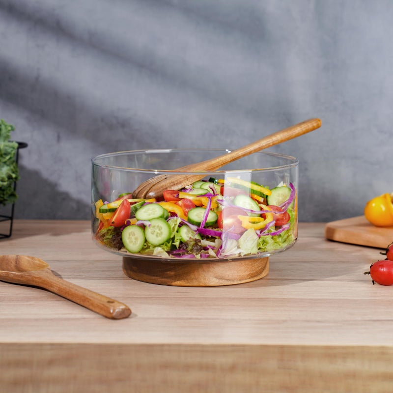 NiHome Glass Salad Bowl with Acacia Wood Salad Tongs, Large Capacity Design with Enhanced Stability, Versatile Serving Dish for Salads, Fruits, Ideal for Gatherings & Daily Family Dining - Image 4