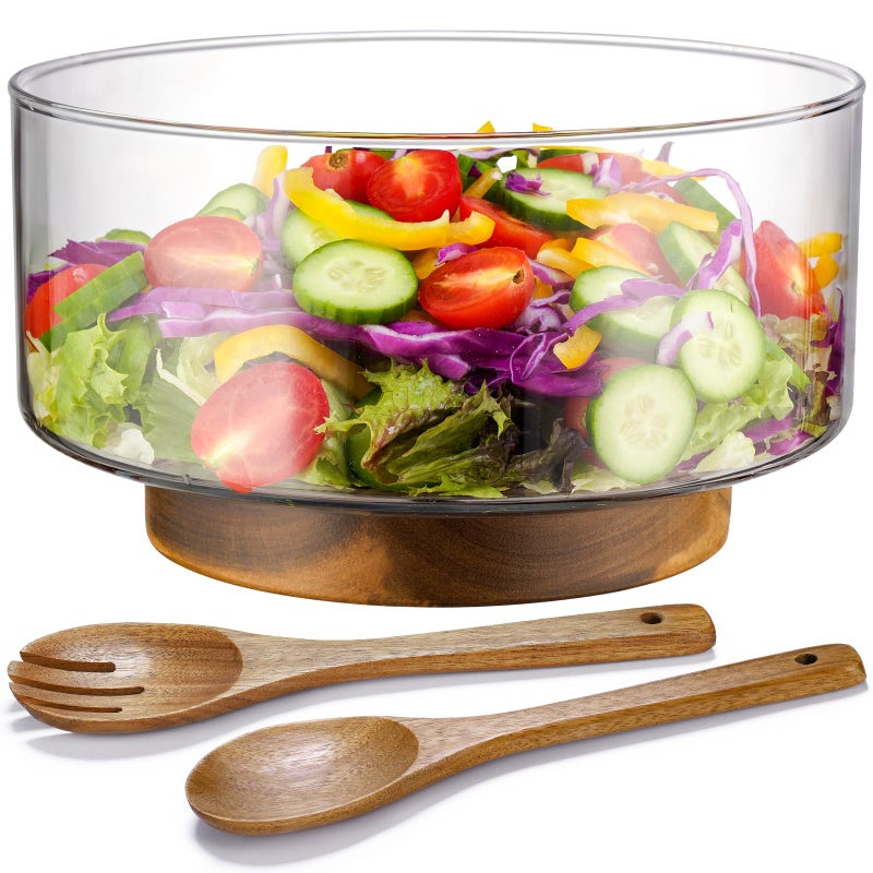 NiHome Glass Salad Bowl with Acacia Wood Salad Tongs, Large Capacity Design with Enhanced Stability, Versatile Serving Dish for Salads, Fruits, Ideal for Gatherings & Daily Family Dining - Image 1