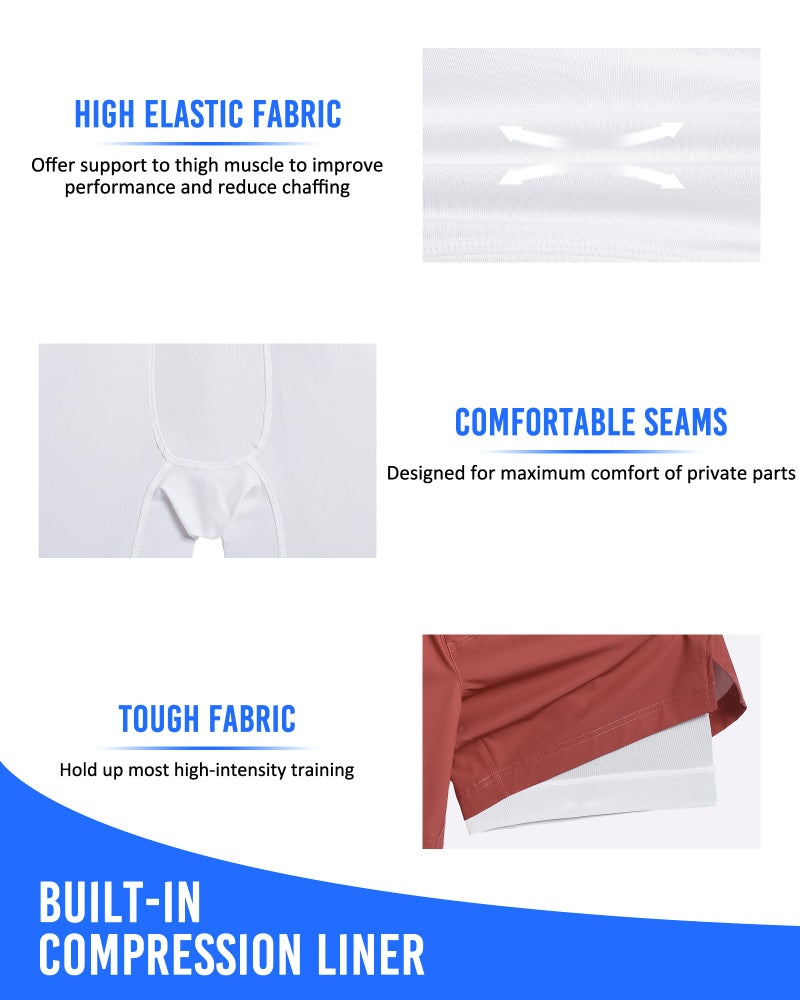 maamgic Mens 5" Gym Running Shorts for Men 2 in 1 Quick Dry Workout Athletic Shorts Antique Red Medium - Image 4