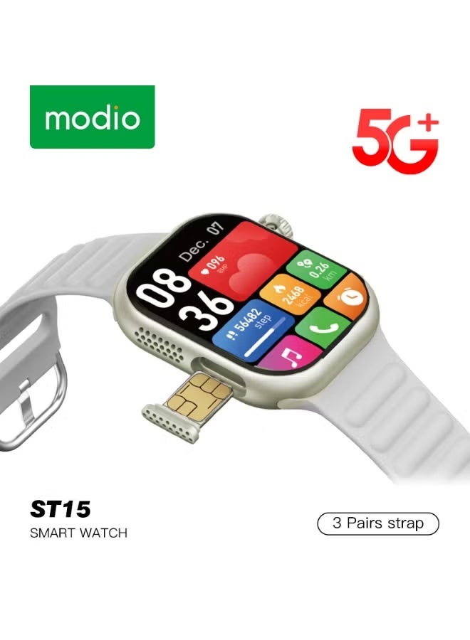 modio ST15 5G Android Smartwatch – 2.2-Inch Full Touch Display, SIM Card Support, Built-In Camera, Health & Fitness Tracking, Multiple Sport Modes, Includes 3 Stylish Straps for Men & Women – Gold