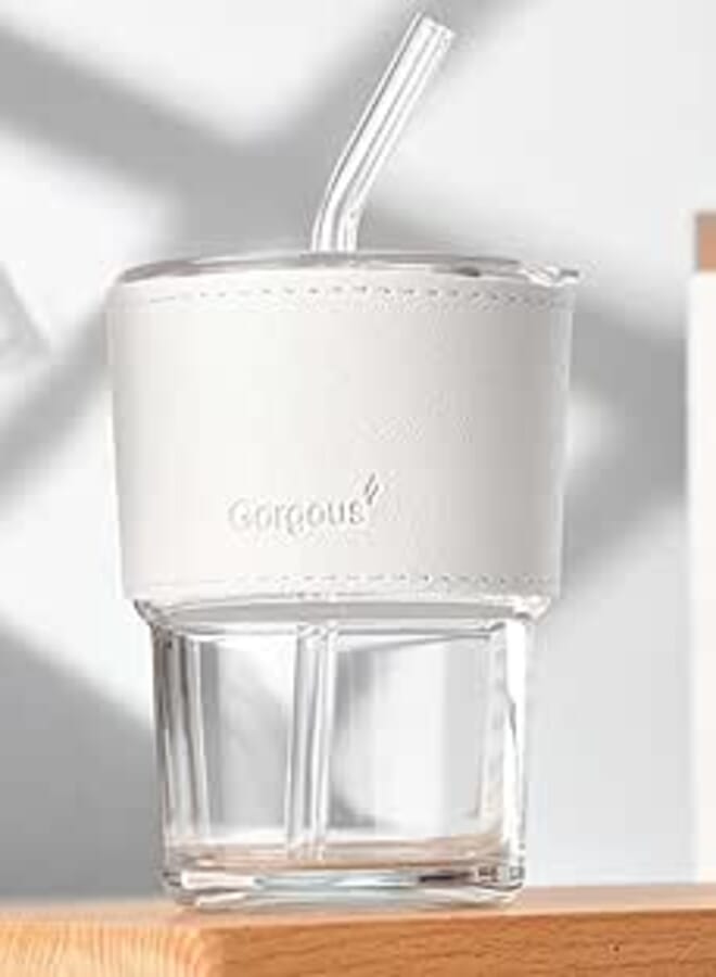 Spaceshoop Glass Cup with Straw Glass and Lid 435ml, Leather Sleeve Coffee Mugs and Spout Direct Use Dual Use Essential Bottle for Summer Travel (white)