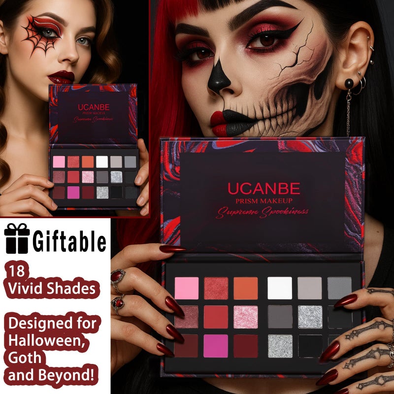 Ucanbe Black Red Goth Smokey Eyeshadow Palette Makeup-18 Colors Gray Silver Pink Burgundy Matte Shimmer Metallic Dark Eye Shadow Pallet for Christmas Halloween Clown Vampire Joker SFX Cosplay Costume Make Up - Image 2