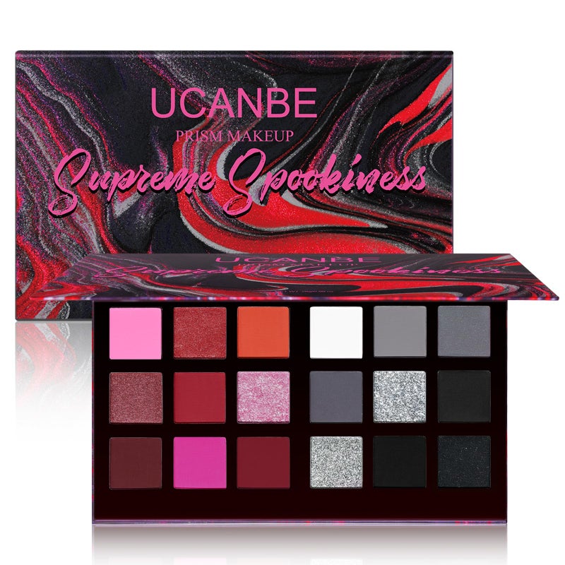 Ucanbe Black Red Goth Smokey Eyeshadow Palette Makeup-18 Colors Gray Silver Pink Burgundy Matte Shimmer Metallic Dark Eye Shadow Pallet for Christmas Halloween Clown Vampire Joker SFX Cosplay Costume Make Up - Image 1
