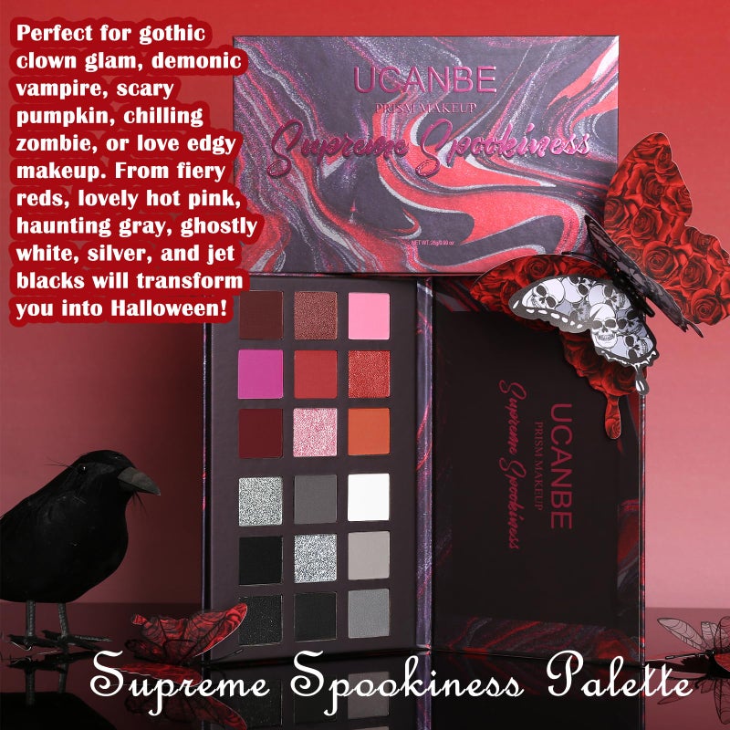 Ucanbe Black Red Goth Smokey Eyeshadow Palette Makeup-18 Colors Gray Silver Pink Burgundy Matte Shimmer Metallic Dark Eye Shadow Pallet for Christmas Halloween Clown Vampire Joker SFX Cosplay Costume Make Up - Image 5