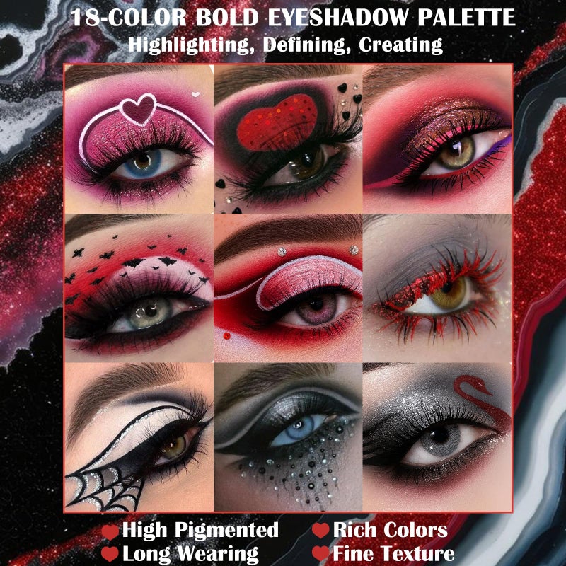Ucanbe Black Red Goth Smokey Eyeshadow Palette Makeup-18 Colors Gray Silver Pink Burgundy Matte Shimmer Metallic Dark Eye Shadow Pallet for Christmas Halloween Clown Vampire Joker SFX Cosplay Costume Make Up - Image 4